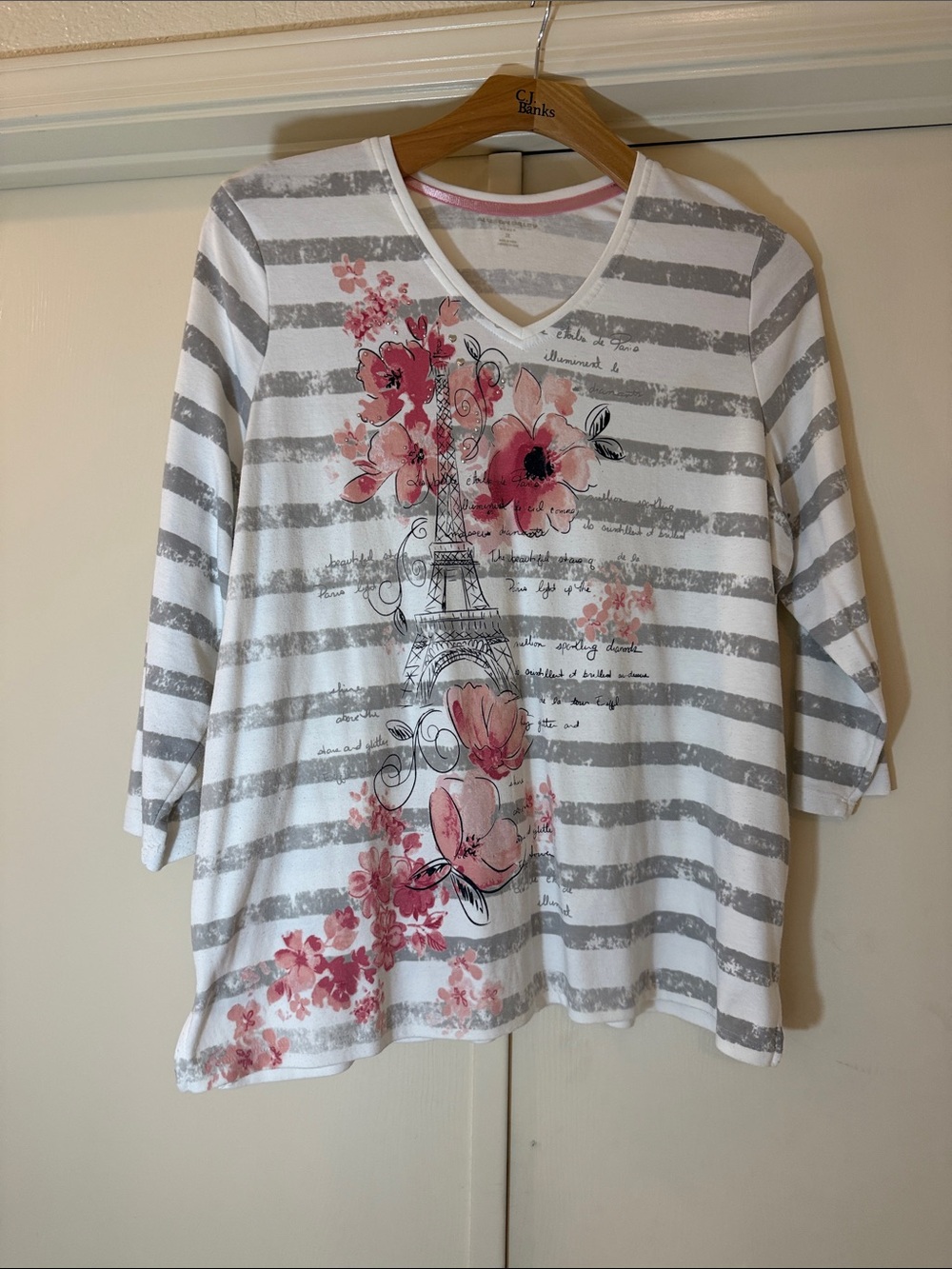Allison Daley White & Gray Striped V-Neck Top with Pink Floral Eiffel Graphic